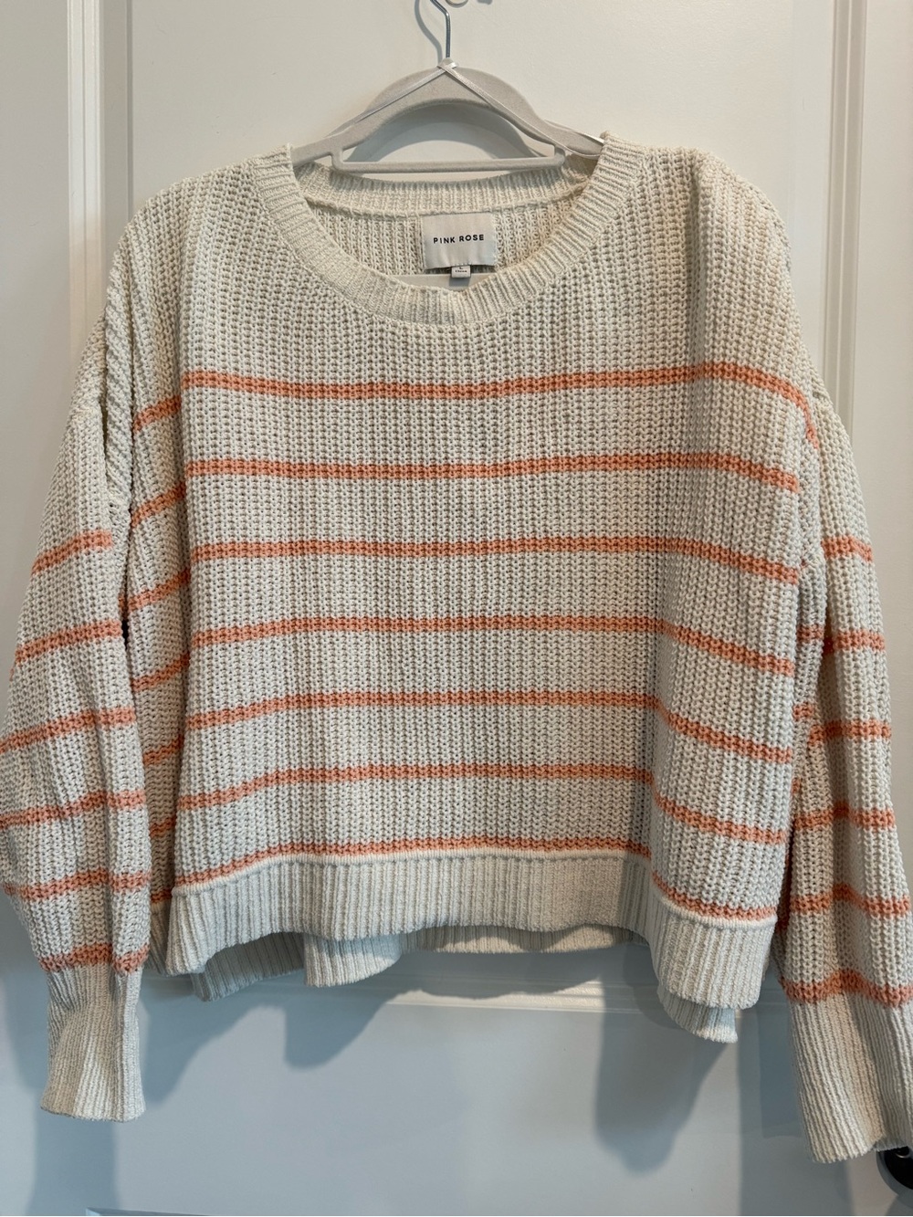 Pink Rose Cream Cropped Sweater with Coral Stripes
